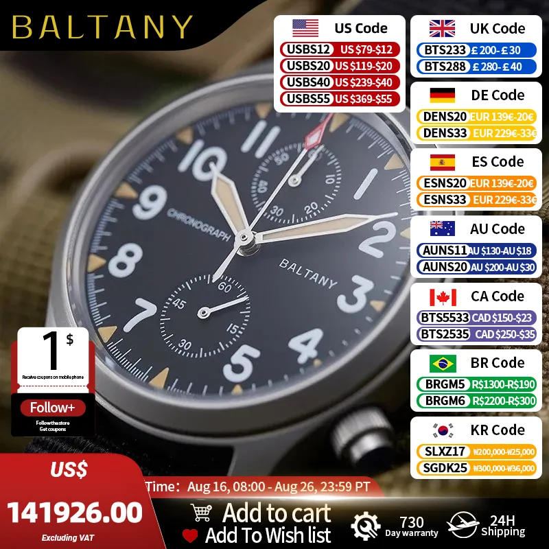 Chronograph Flyback Watch - Baltany S5033 Часы-хронограф Мужские часы-пилот Водонепроницаемые