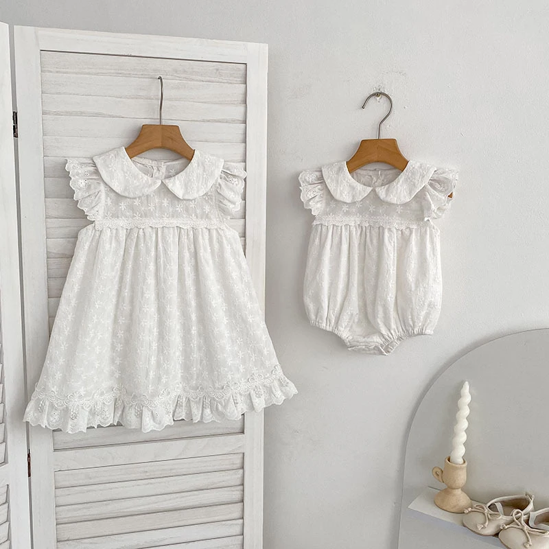2026 New Summer 0-24M Baby Girl Short Sleeves Cotton White Romper 2-6Yrs Kids Princess Sweet Embroidery Dress Sister Dress