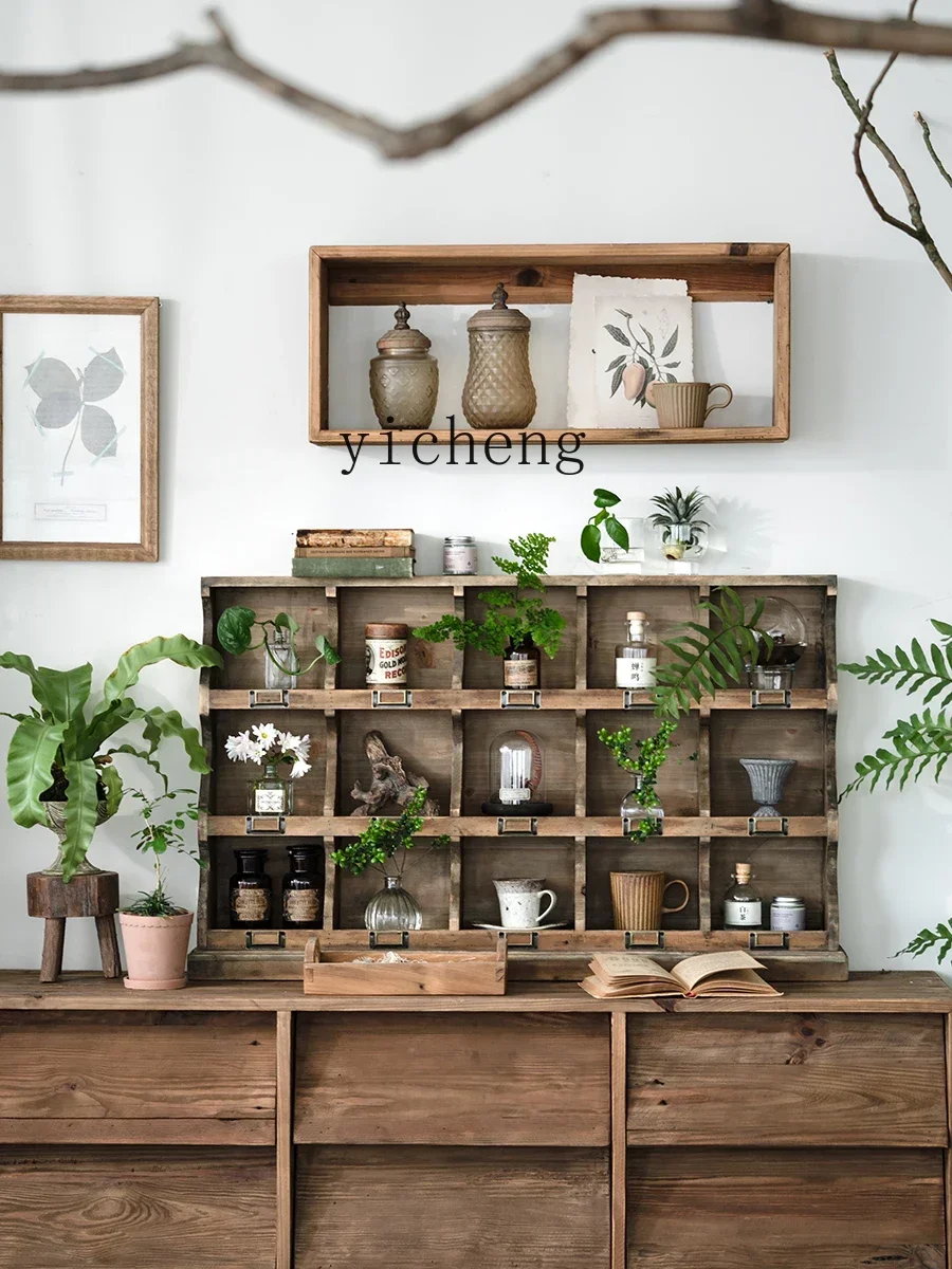 Vintage Distressed Solid Wood Living Room Curio Cabinet Commodity Storage Display Cabinet Curio Box Cup Holder