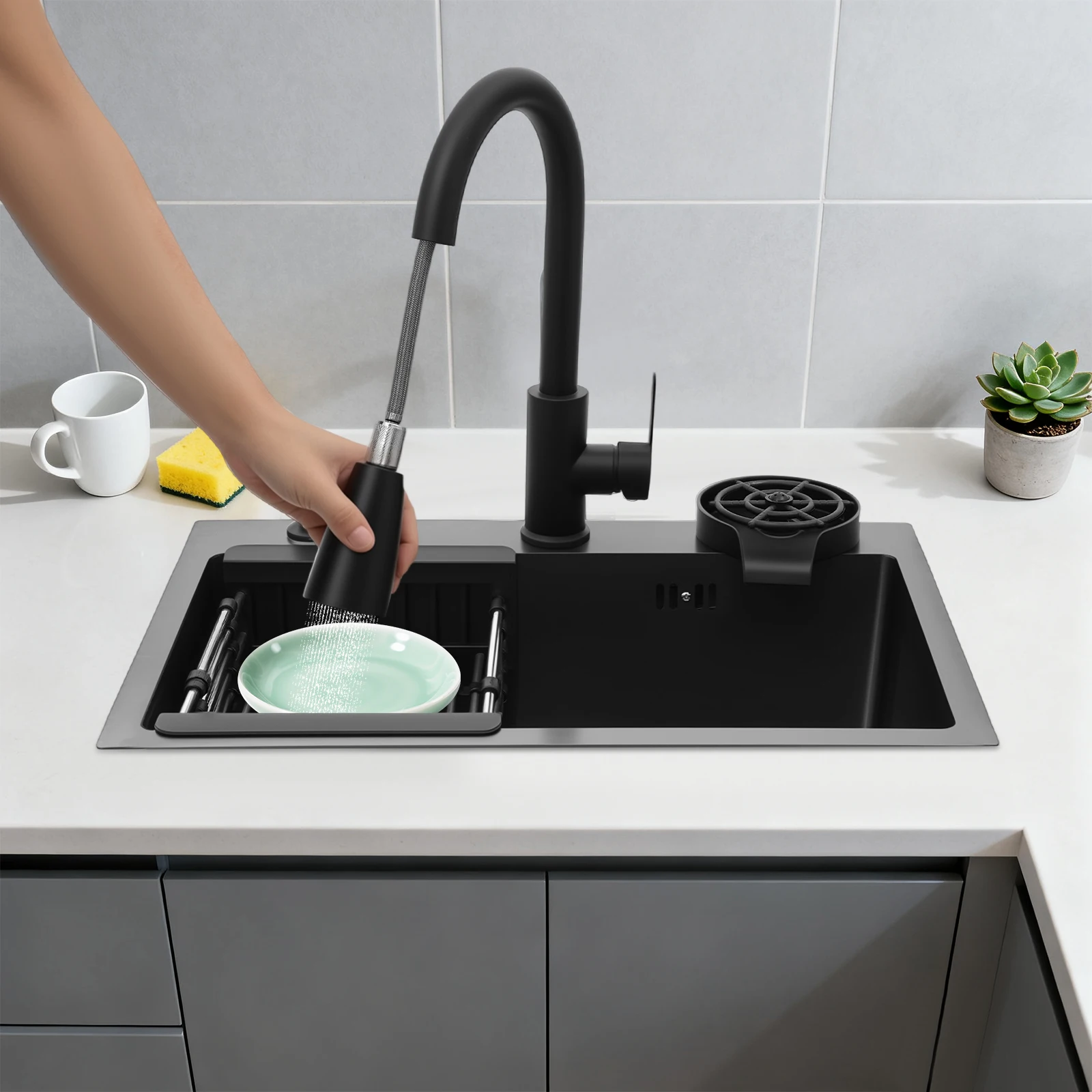 

Черный комплект из нержавеющей стали 201 55*40*20 см, многофункциональный комплект раковины с чашечной шайбой и смесителем для раковины, встроенный дизайн