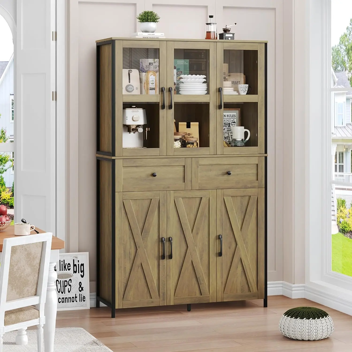 41.3"" W Large Kitchen Pantry Cabinet, Pantry Storage Cabinet In Metal Frame, Bar Cabinet With Clear Glass Door, 2 Drawer &