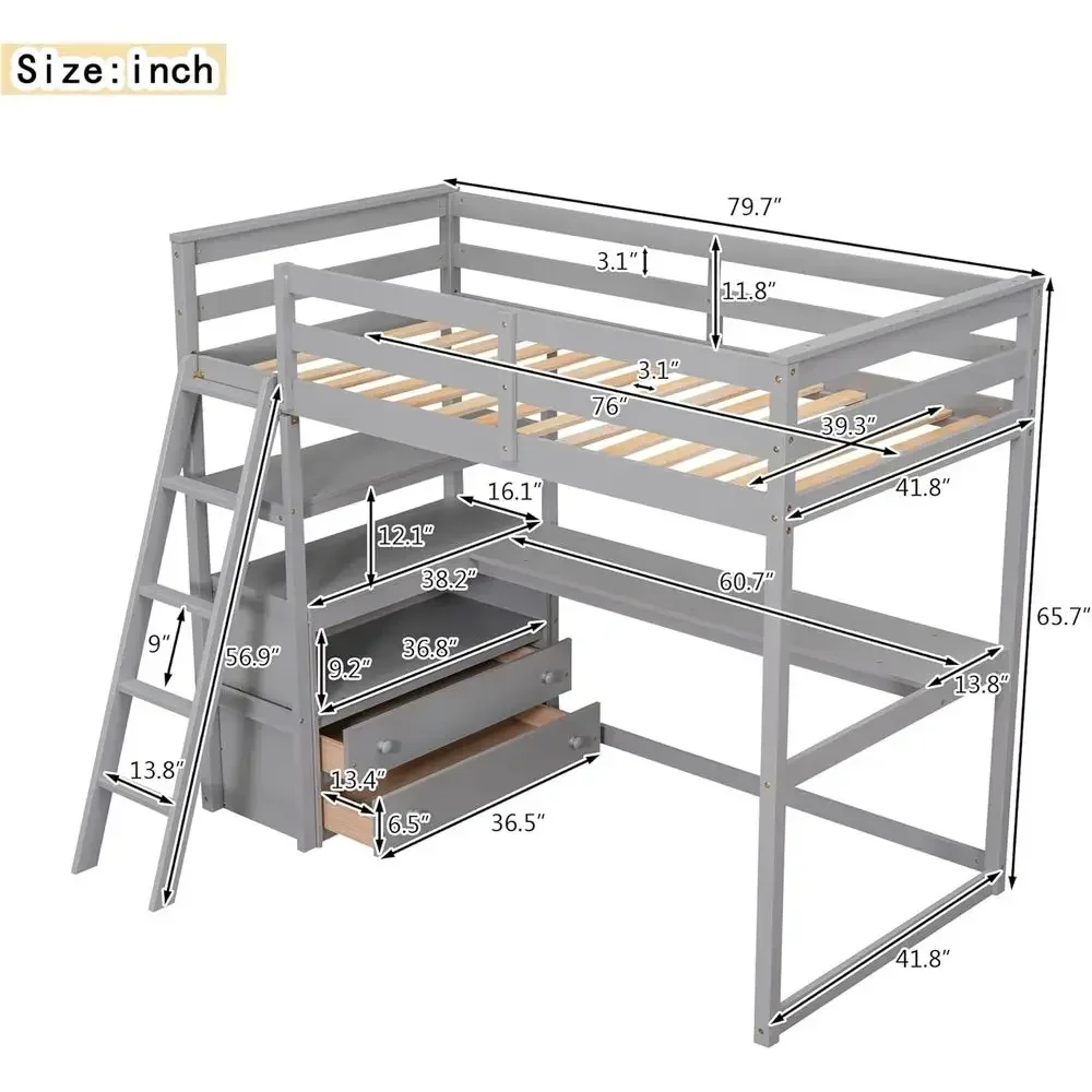 Gray Twin Size Loft Bed with Desk, Shelves, and 2 Built-in Drawers, No Box Spring Needed