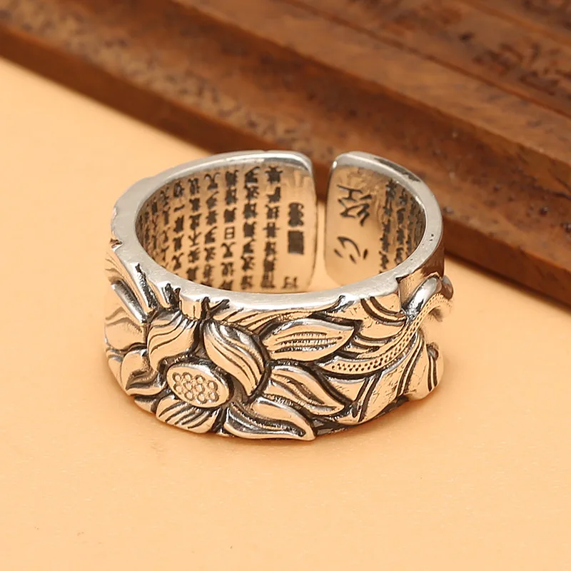 

999 Pure Silver Lotus Ring Heart Sutra Ring Retro Opening Adjustable Foot Silver Simple Fashion Wide Face