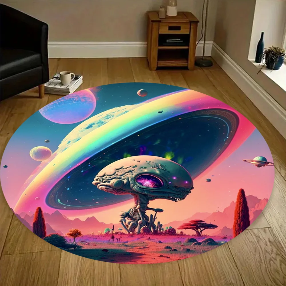 

Fleece Round Rug, Space Alien Fantasy Universe Planet Rainbow Halo Creative Pattern, Living Room Bedroom Bedside Cafe Study Corr