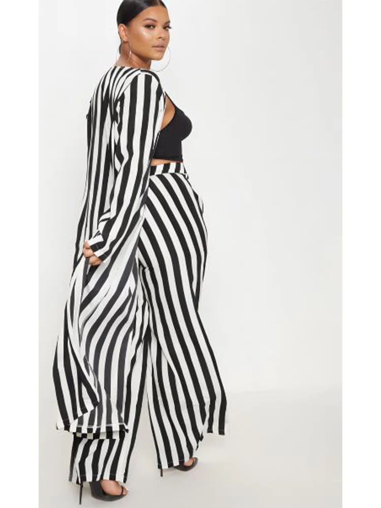 Plus Size Long Sleeve Black White Striped Set African Clothes High Waist Wide Leg Pants Two Piece Set Elegant OL Ladies Clothing