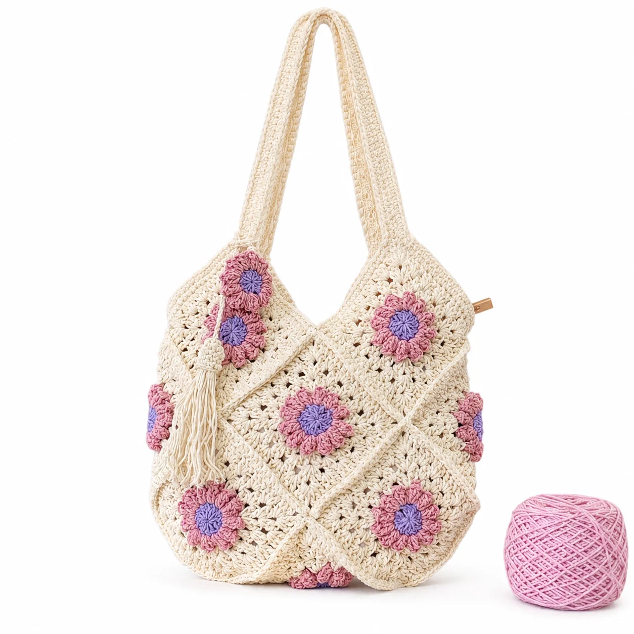 

Women Handmade Crochet Shoulder Bag 3D Floral Granny Square Tote Bag Boho Knitted Handbag with Tassel Charm Summer Beach Bag