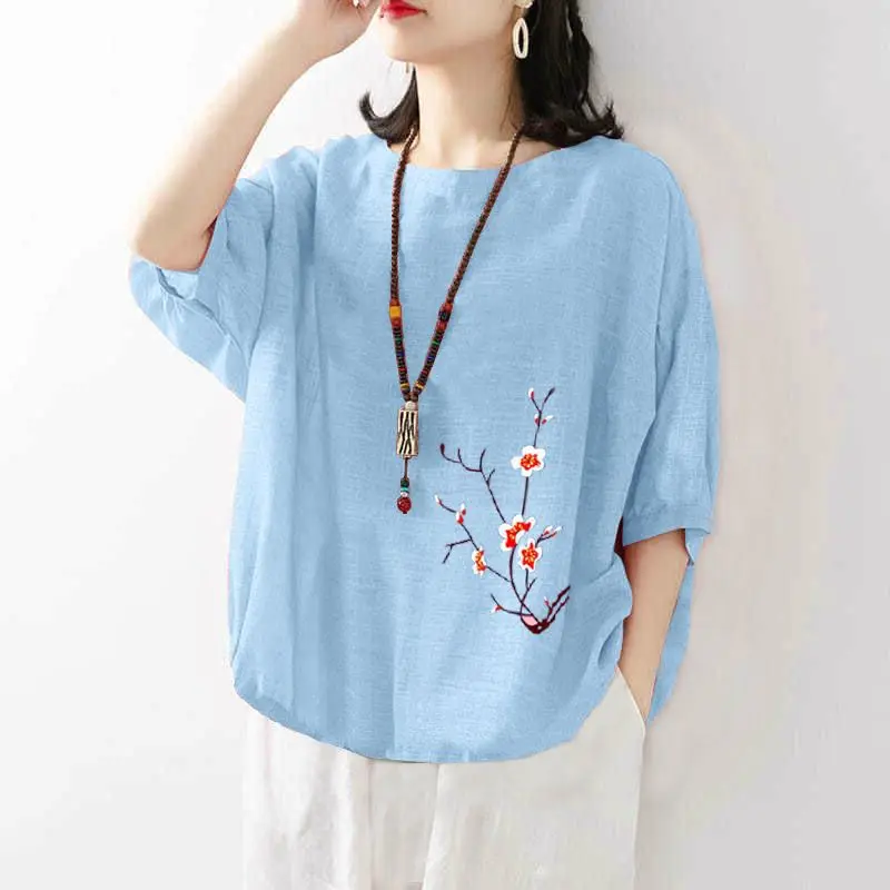 Women Summer Simplicity Loose Elegant Printing Cotton and Linen O-neck Short Sleeve T-Shirt Women Clothes Casual All-match Tops