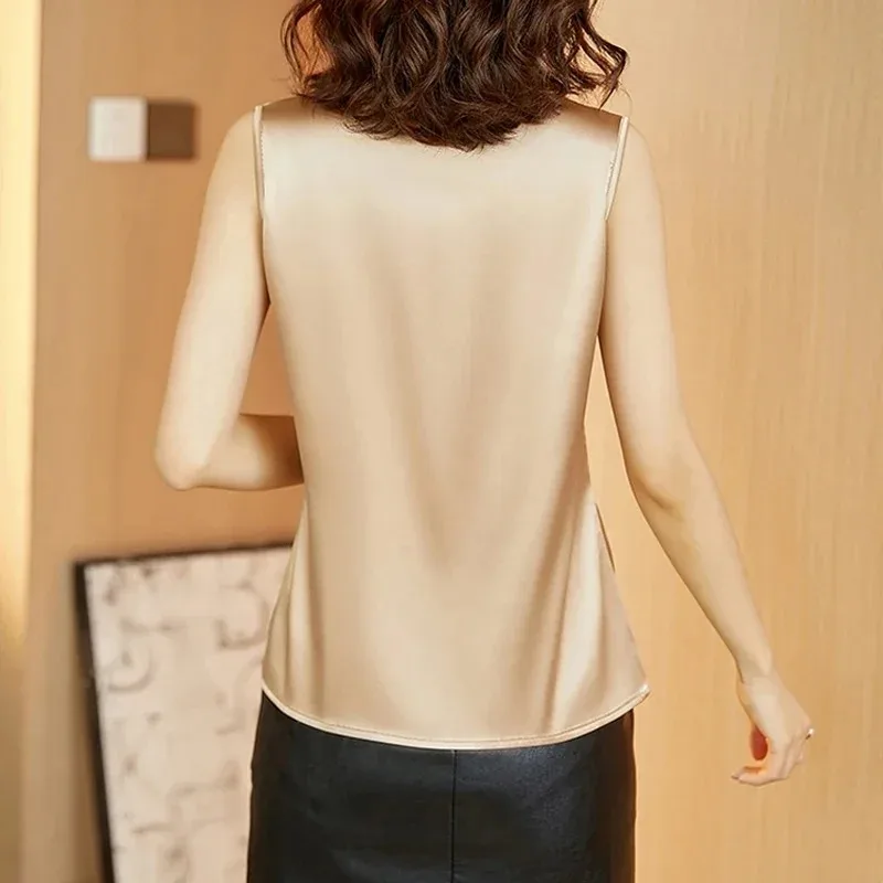 Loose Silk Tops for Women, Korean Lace V-Neck, Elegant Satin Blouses, Loose Clothes, Summer Fashion, New, 13731