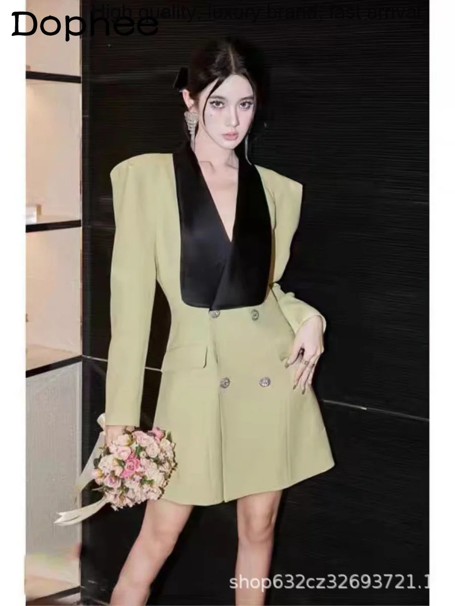

Color High Sense Contrast Patchwork Suit Dress Women 2023 Spring Autumn Clothes French Elegant Puff Sleeve Slimming Blazer Coat
