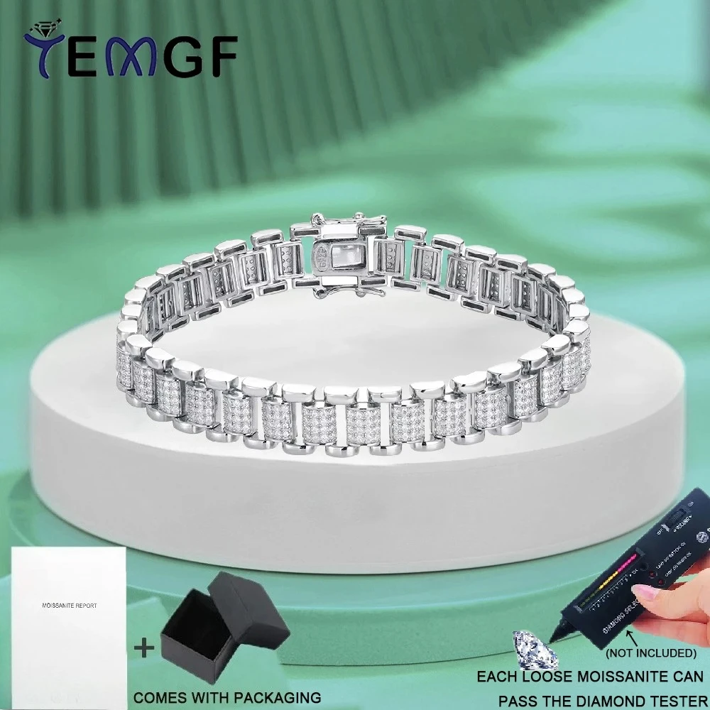 

TEMGF Full Zircon/Moissanite Bracelet 8mm Width S925 Sterling Silver Unique Watch Chain for Men Women Cool Trendy Fine Jewelry