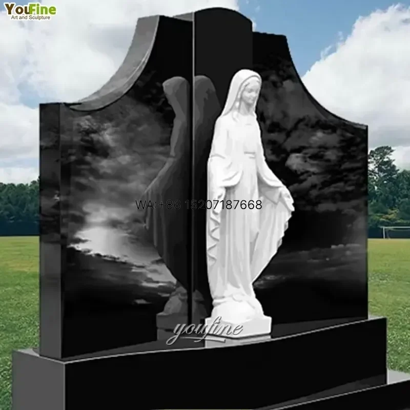 Wmwmnu for YouFine Custom Cemetery Monument Virgin Mary White Marble Statue with Black Granite Headstone Outdoor Memorial