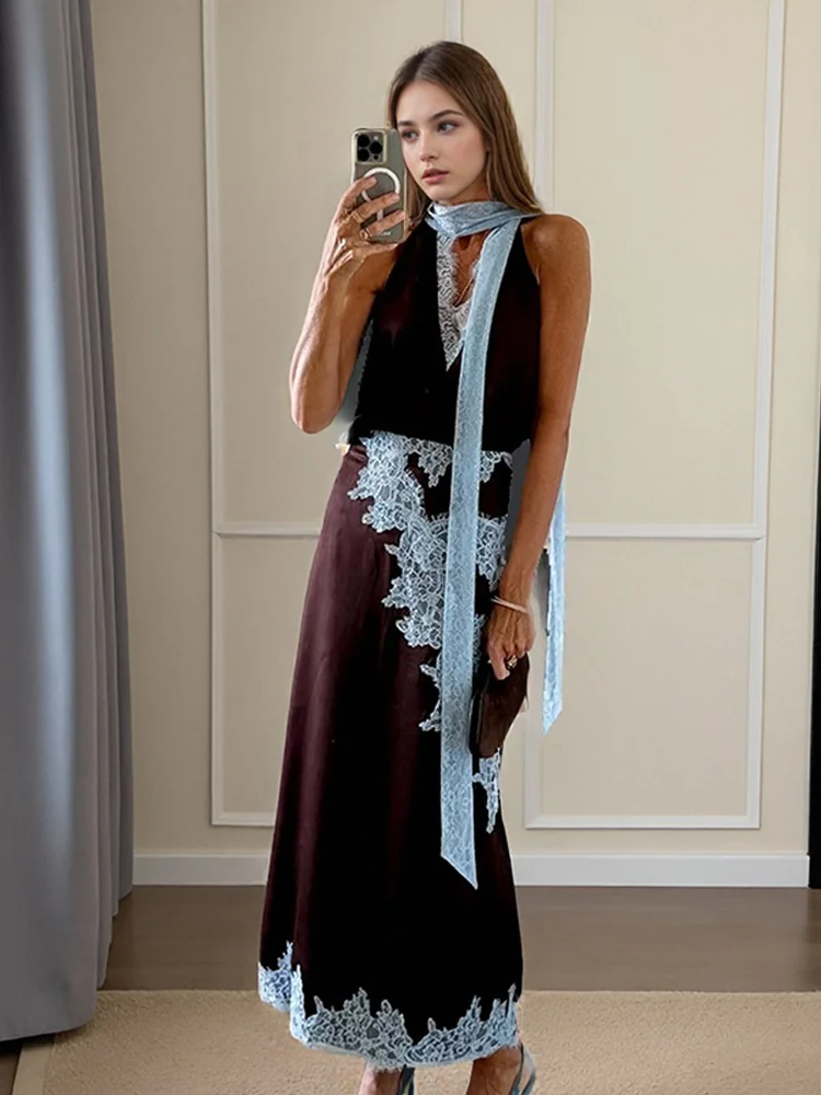 التباين المرقعة الدانتيل ماكسي تنورة دعوى المرأة الساتان الخامس الرقبة أكمام التنانير الدعاوى 2025 سيدة الصيف عادية اليومية 2 قطعة مجموعة