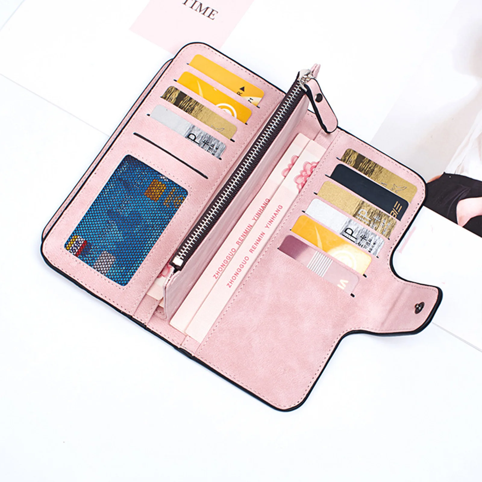 Portafoglio con chiusura a scatto per donna Portafoglio lungo in PU satinato con cinturino da polso Borsa con cerniera Pochette multitasche Uso quotidiano Rosa
