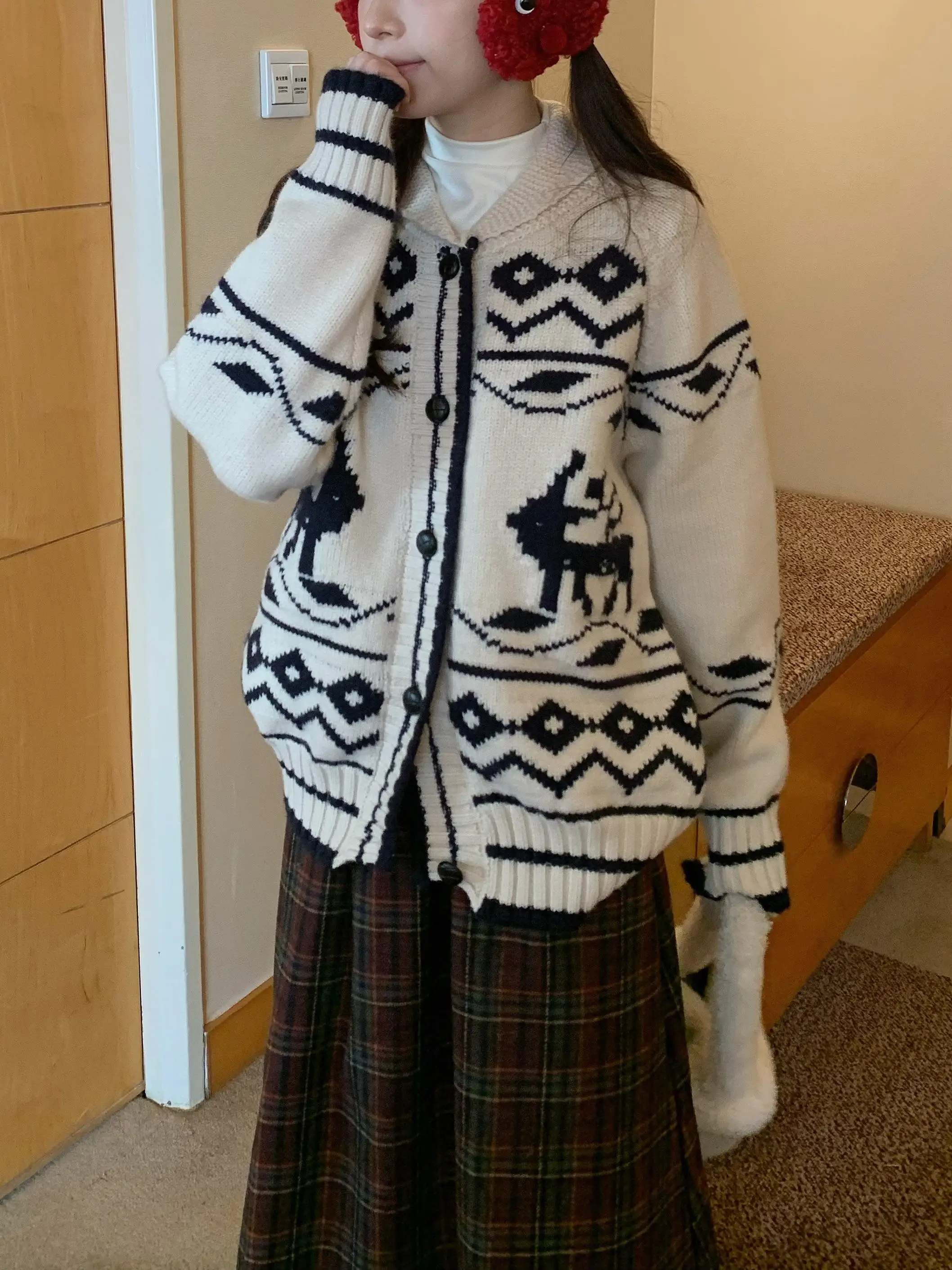 

Thiened Knitted Cisas Deer Collar Open Cardigan Soft Cozy Women's Sle Autumn Winter Long Sve Regular Fit Sweater