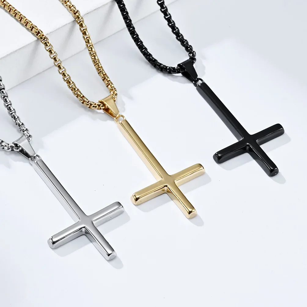 

New Titanium Steel Reverse Cross Necklace Upside Down Minimalist Cross Pendant Jewelry Male Female Necklaces Chokers