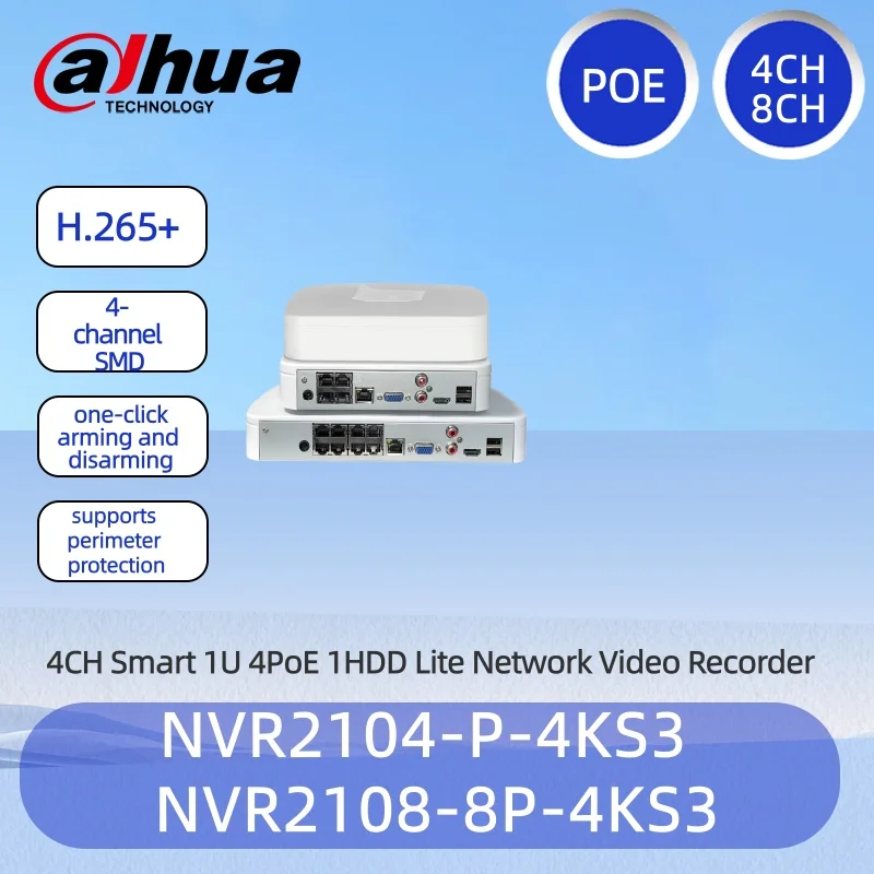 DahuaNVR2104-P-4KS3 4CH 4PoE 1U NVR, 12MP H.265+ Network Video Recorder, AI SMD & Perimeter Protection, One-Click Arming, 1HDD