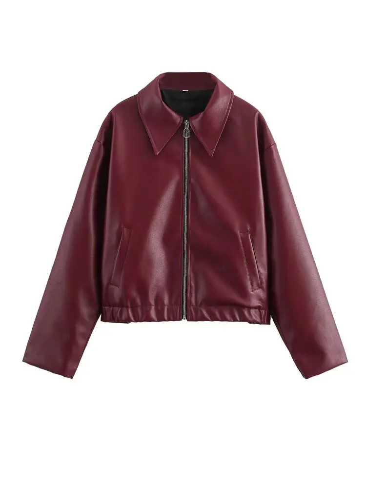 Tinsonan Casual Lapel Collar Long Sleeves Faux Leather Outerwear Front Zipper With Pockets Solid Bomber Jacket