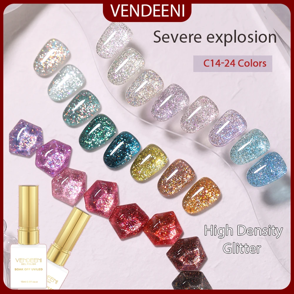 Vendeeni 24 Colors/set Glitter Gel Nail Polish Colorful High Density Sparkling Soak Off UV LED Gel Varnish Nail Art Decoration