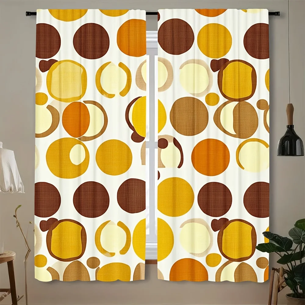 Retro Geometric Circle Curtains Vintage Orange Brown Dot Print Drapes for Living Room, Mid Century Modern Window Treatment Decor