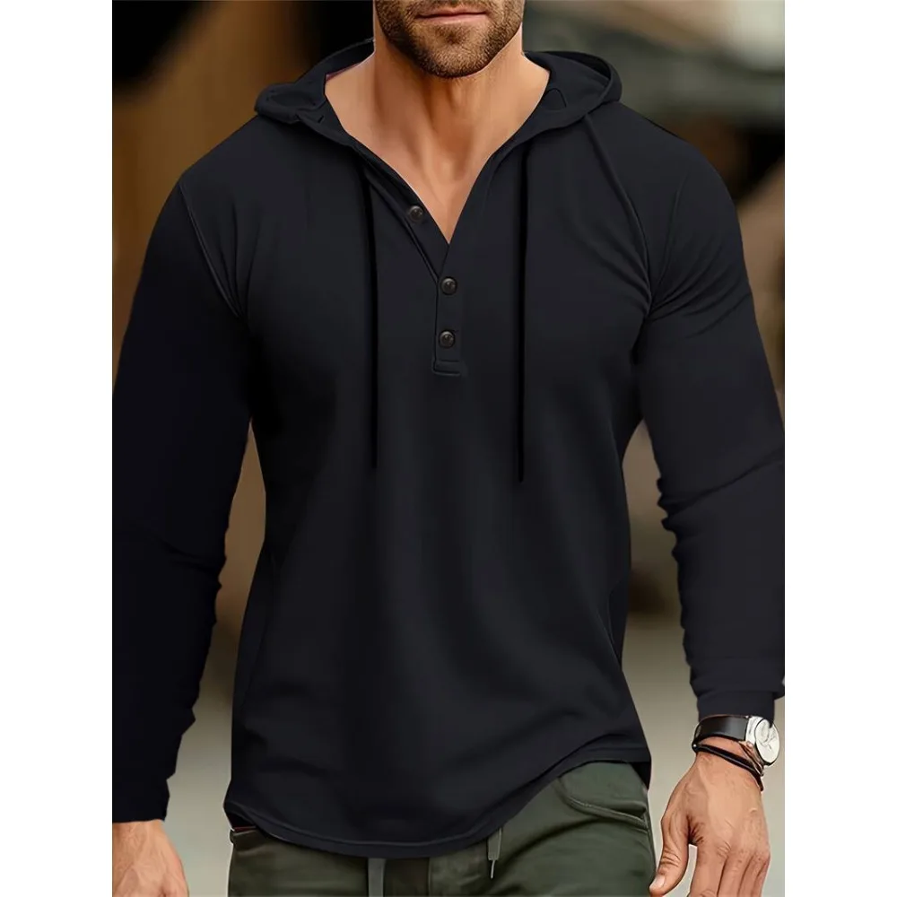 

Men Large Size Shirts Casual Stretch Slim Fit Hooded Henley Shirt - Long Sleeve Drawstring Perfect for Summer Outdoor Activities