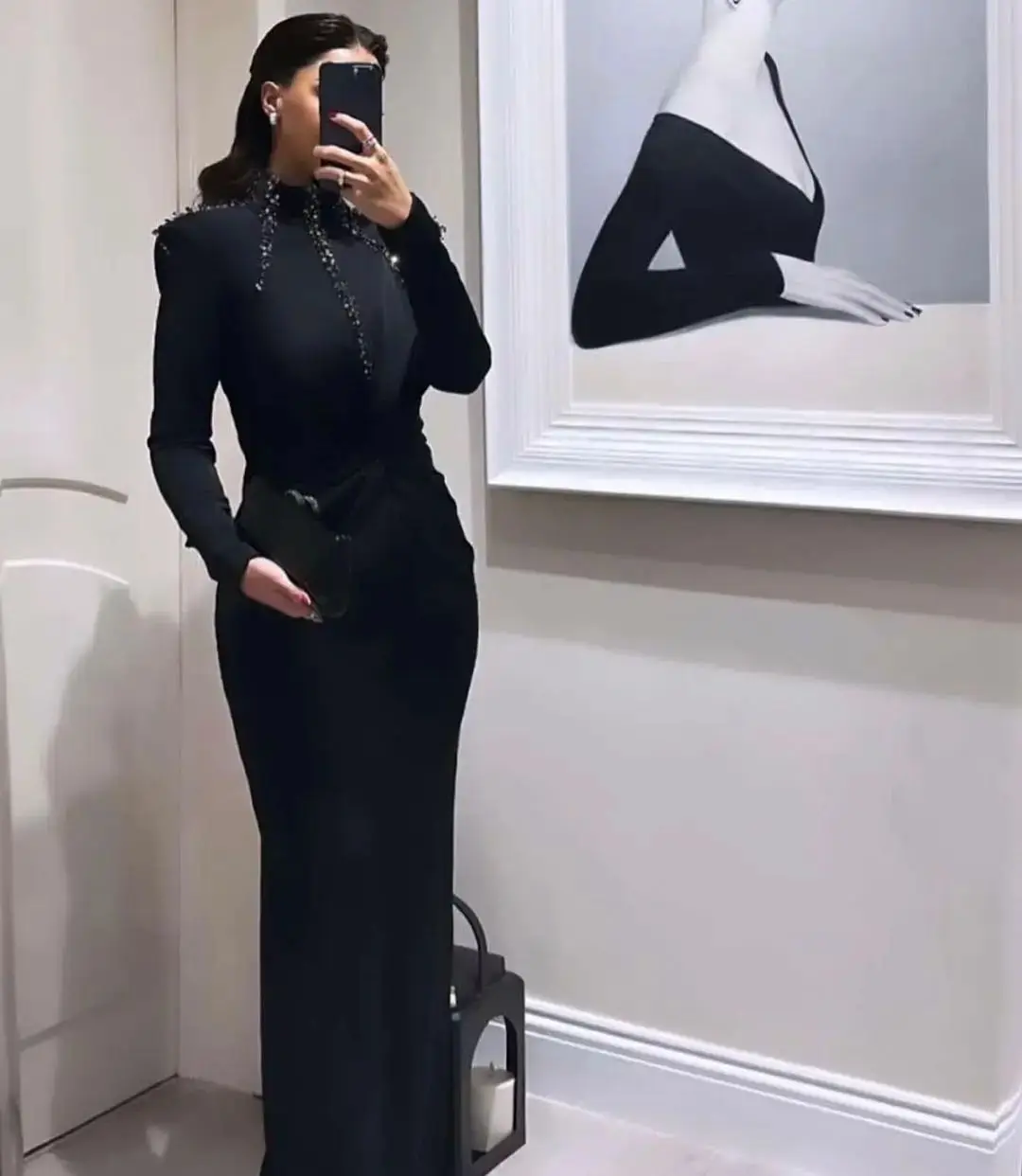 Robe de gala noire à manches longues, robes de soirée perlées, robes de soirée à paillettes, longueur au sol, occasion formelle, Arabie saoudite, quoi que ce soit