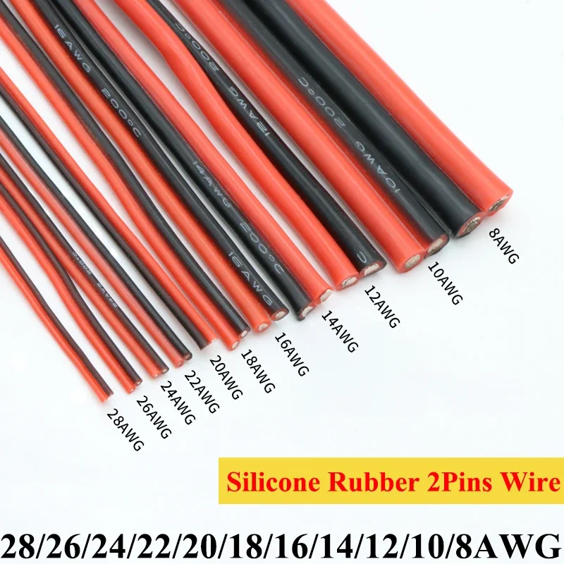 1M 8 10 12 14 16 18 20 22 2426 28 AWG 2Pins Ultra Soft Silicone Rubber Copper Electric Wire DIY Lamp Connector Cable Black Red