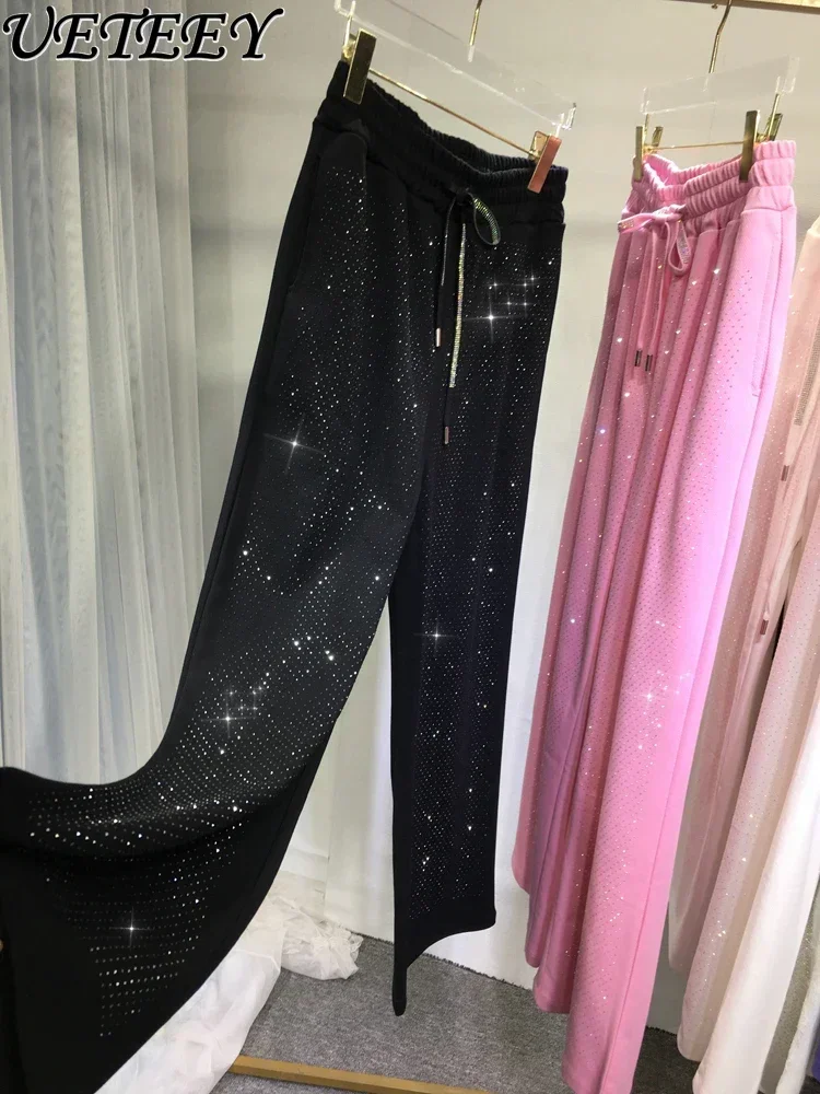 Heavy Embroidery Hot Drilling Shiny Casual Pants Women Loose Slim Black Pants High Waist Wide Leg Straight Spring Long Trousers