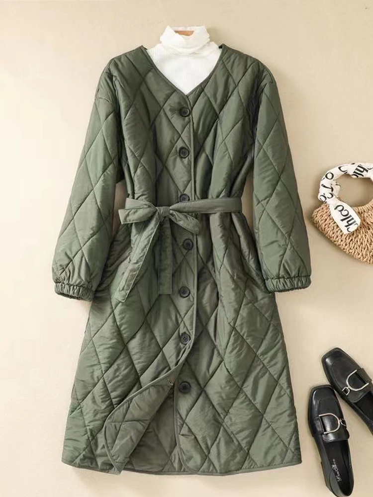 Women's Winter Parkas 2024 New Vintage Warm Quilted Jackets Cotton-Padded Thick Oversized Outerwear Coat with Belt for Women