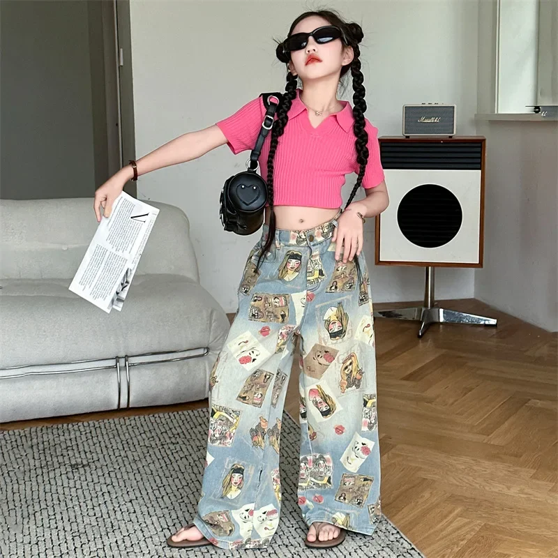 

Girls Summer Short sleeved Set 2024 New Korean Edition Thin POLO Shirt Loose Print Wide Leg Pants Trendy