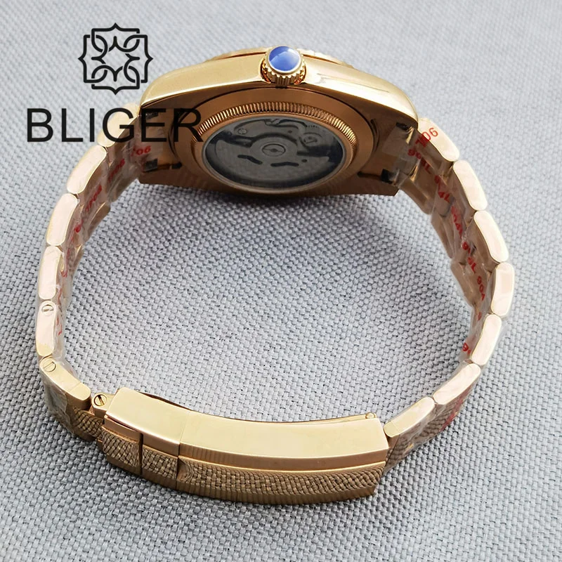 BLIGER 36mm 39mm NH35A Gray Dial Green Roman Index Automatic Mens Watch Sapphire Glass Rose Gold Fluted Bezel Steel Strap Date