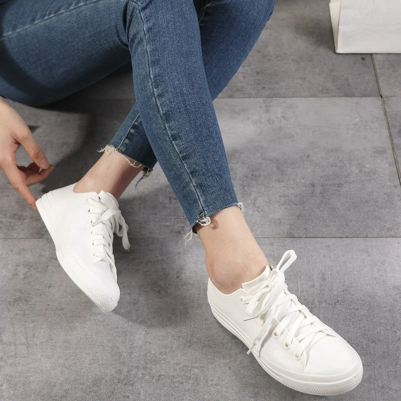 Waterproof Rubber Shoes Women Casual Sports Lace-up Vulcanized Rain Shoes Ladies Sneakers Flats Work Footwear Zapatos De Mujer