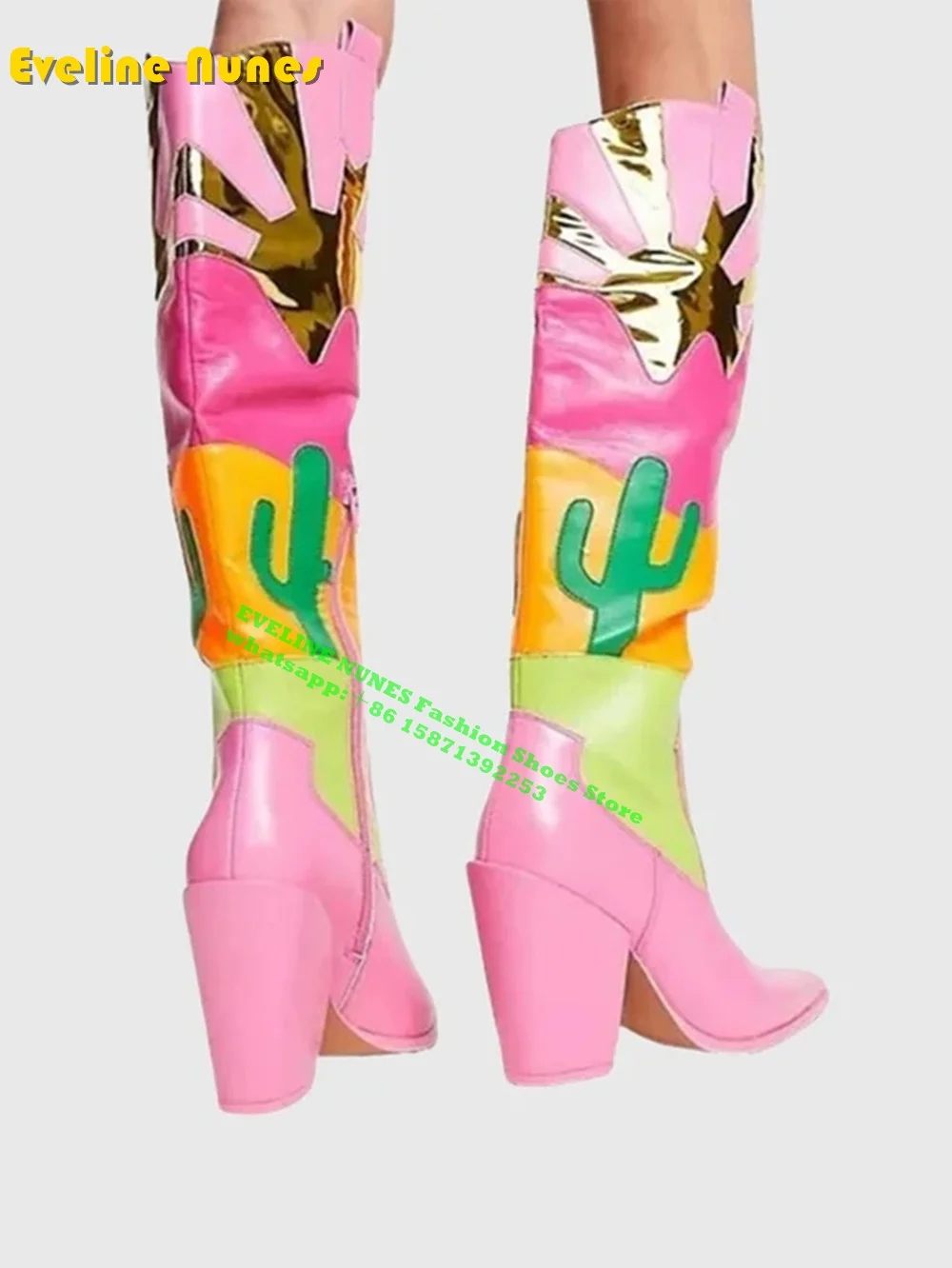 Pink Desert Sunset Cowboy Boots Pointed Toe Chunky Heel Mixed Colors Side Zip Women Knee High Boots Sweet Large Size 2024 Trend