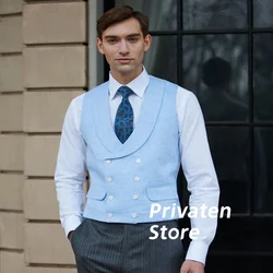 Men's Vest Linen Double Breasted Shawl Collar Comfortable And Thin Blue Summer Formal Waistcoat For Wedding Groomsmen