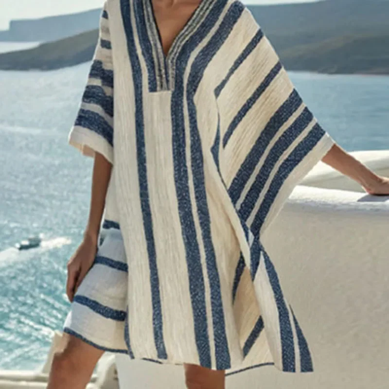 Summer Loose Batwing Sleeve Boho Dress Vestidos Casual Retro Ethnic Beach Style Dress Elegant Striped Print V Neck Holiday Dress