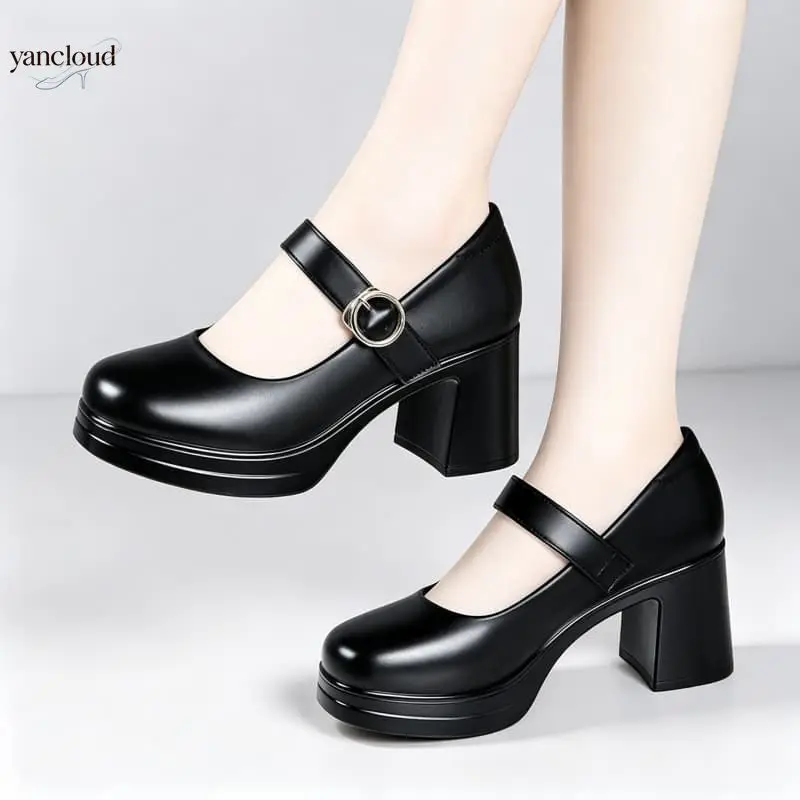 7.5cm Elegant Comfortable Women's Soft Leather Shoes Platform Pumps 2026 Spring Fall Block Heel MaryJanes Black for Office Mom