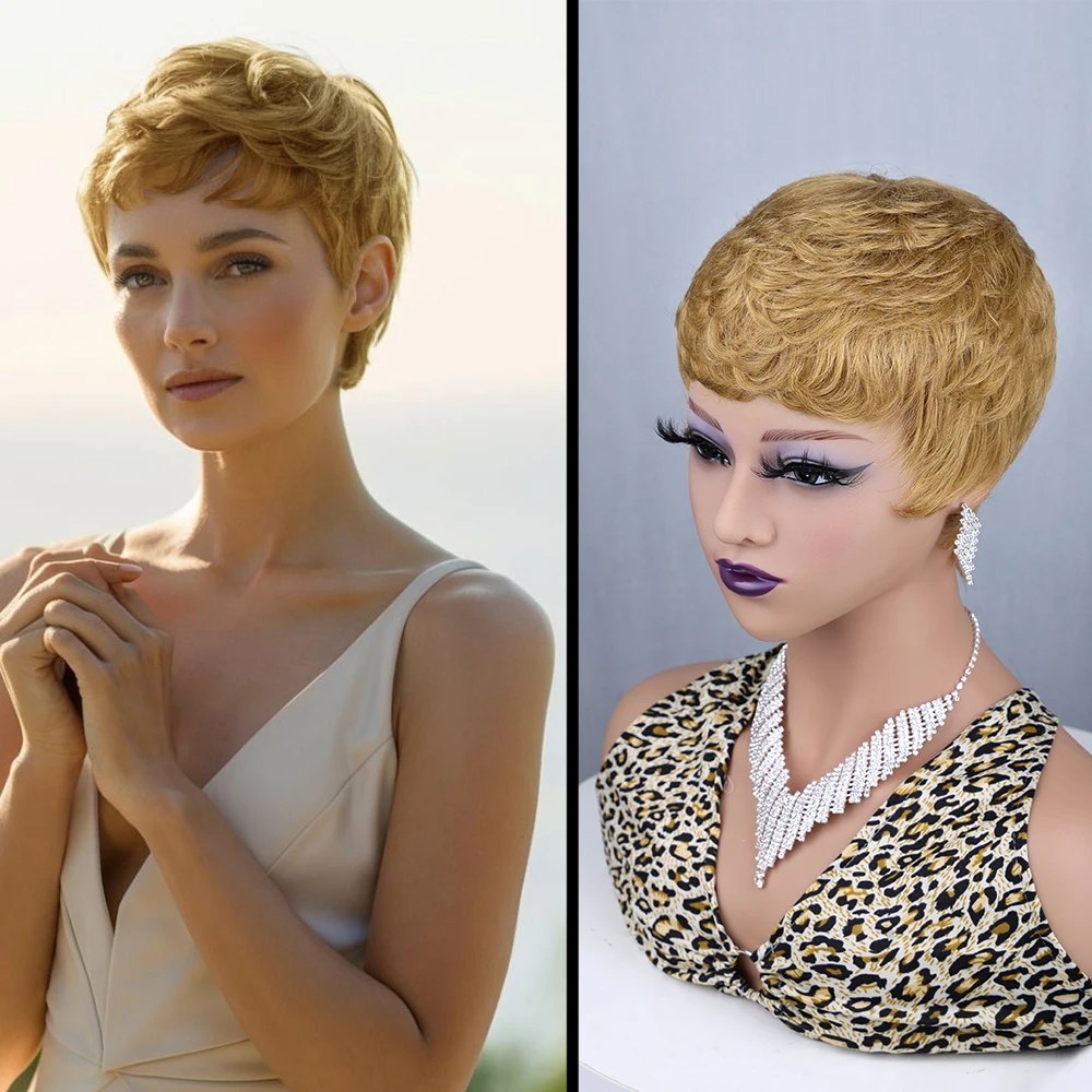 

Blonde Pixie Cut Straight Short Bob Wig for All Women 100% Brazilian Human Hair Full Machine Made Wigs Natural 27# Color