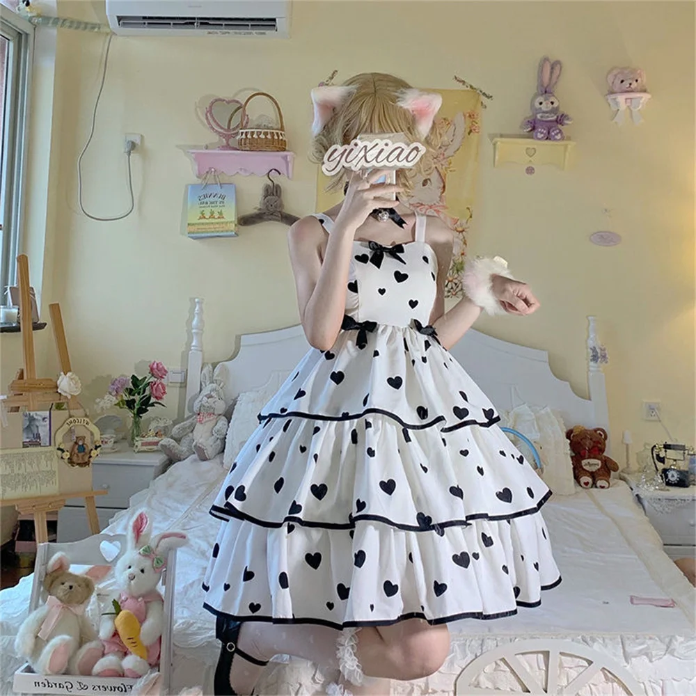 White Sweet Girls Large Size 3xl 4xl Black Love Wave Dot Printing Lolita Dress Soft Girls Cake Butterfly Dress Cos Lolita Jsk