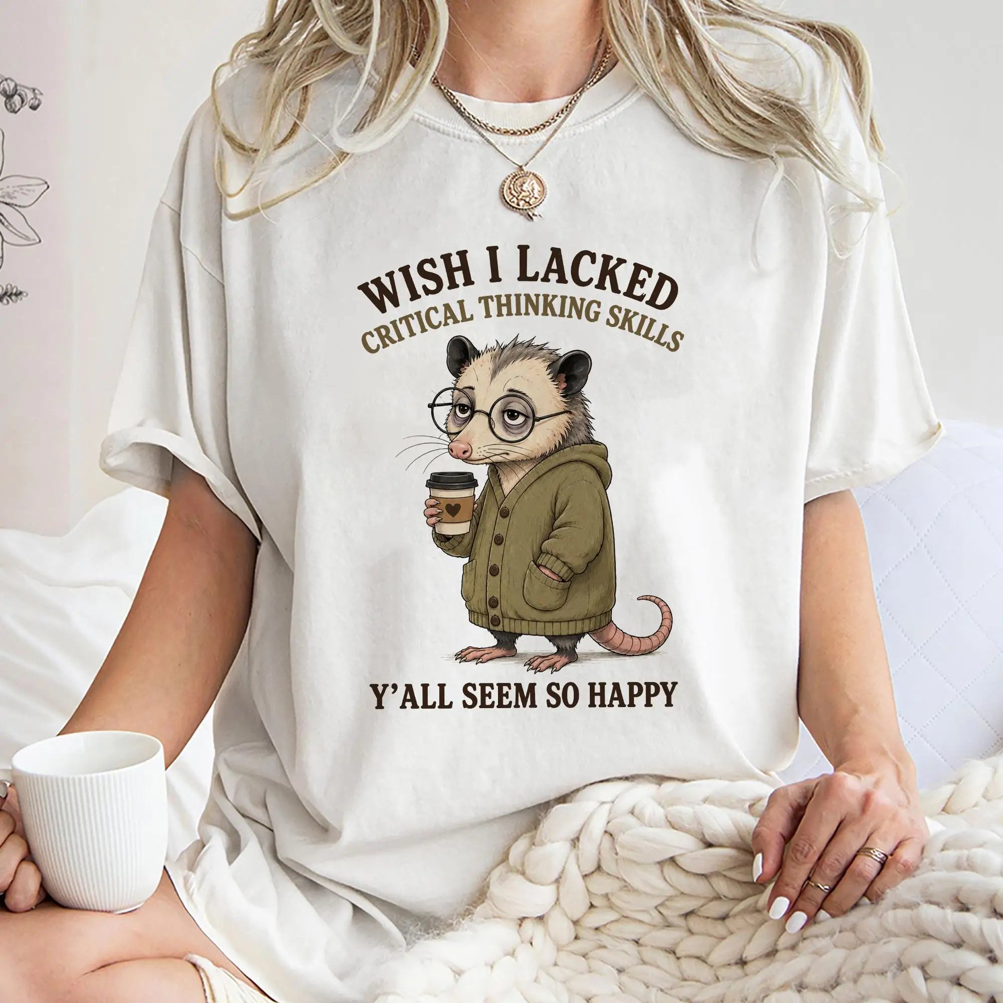 Funny Opossum Coffee Shirt, Critical Thinking Humor Graphic Tee T-shirt