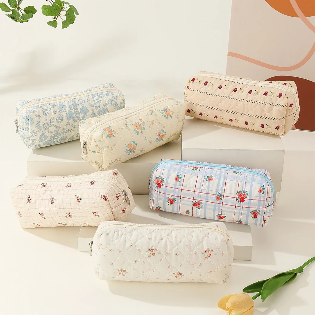 

3Pcs Quilted Makeup Bag Printed Women Quilted Cosmetic Pouch Large Capacity Zipper Closure Cotton Daily Bag Purse Set