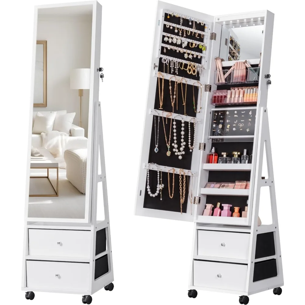 360° Swivel Mirror Jewelry Cabinet with Lights, Full Length Mirror Jewelry Armoire Organizer, Standing Lockable Jewelry Storage