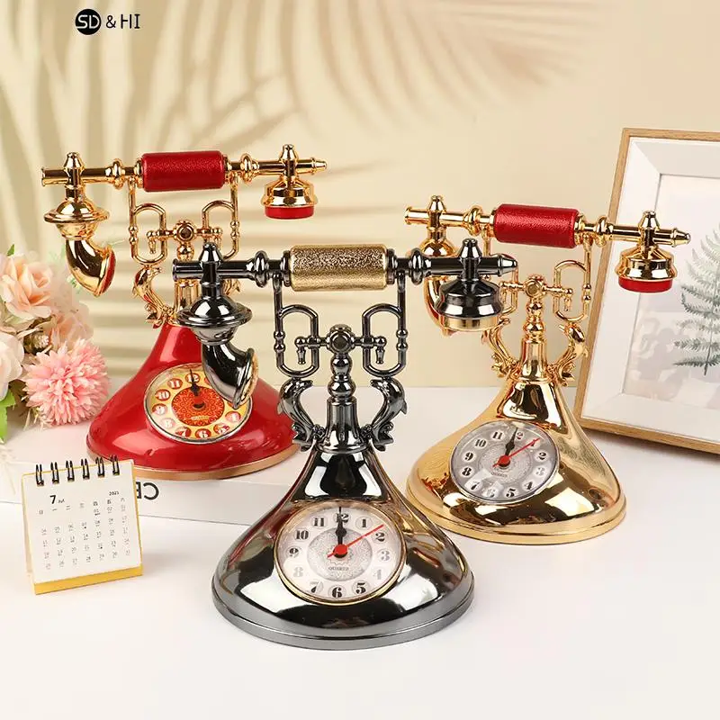 1pc Retro Alarm Clock Telephone Model Creative Timekeeper Desktop Ornament For Home Room Bedside Table Decoration