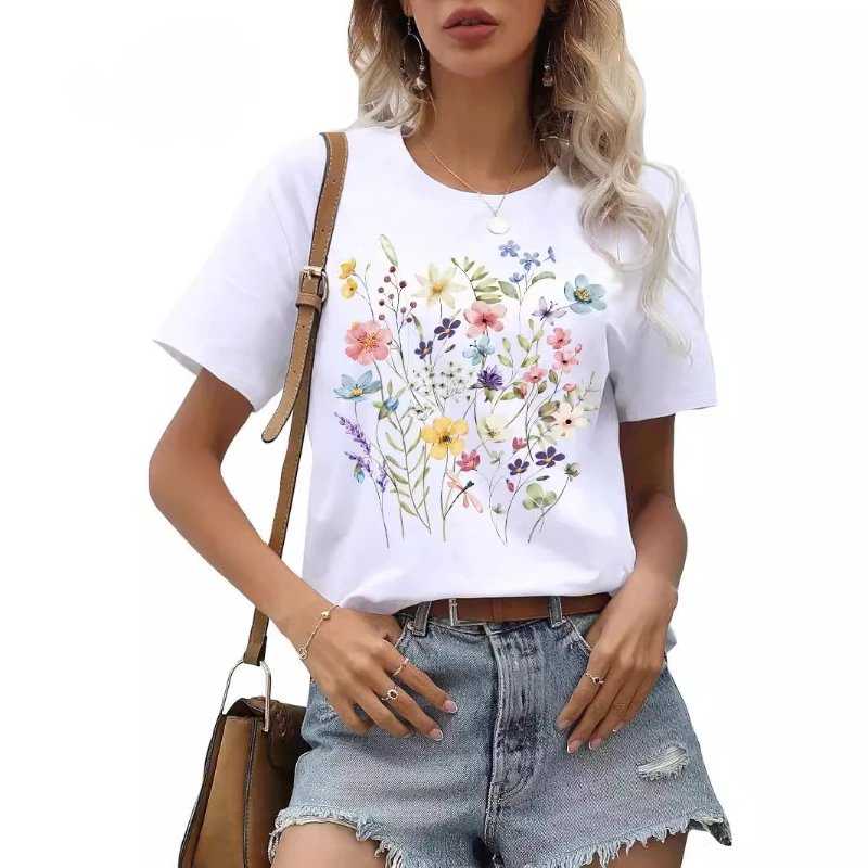 Short-sleeved Round Neck European and American Flower Printed T-shirt Woman Graphic T Shirts Harajuku Aesthetic Clothes