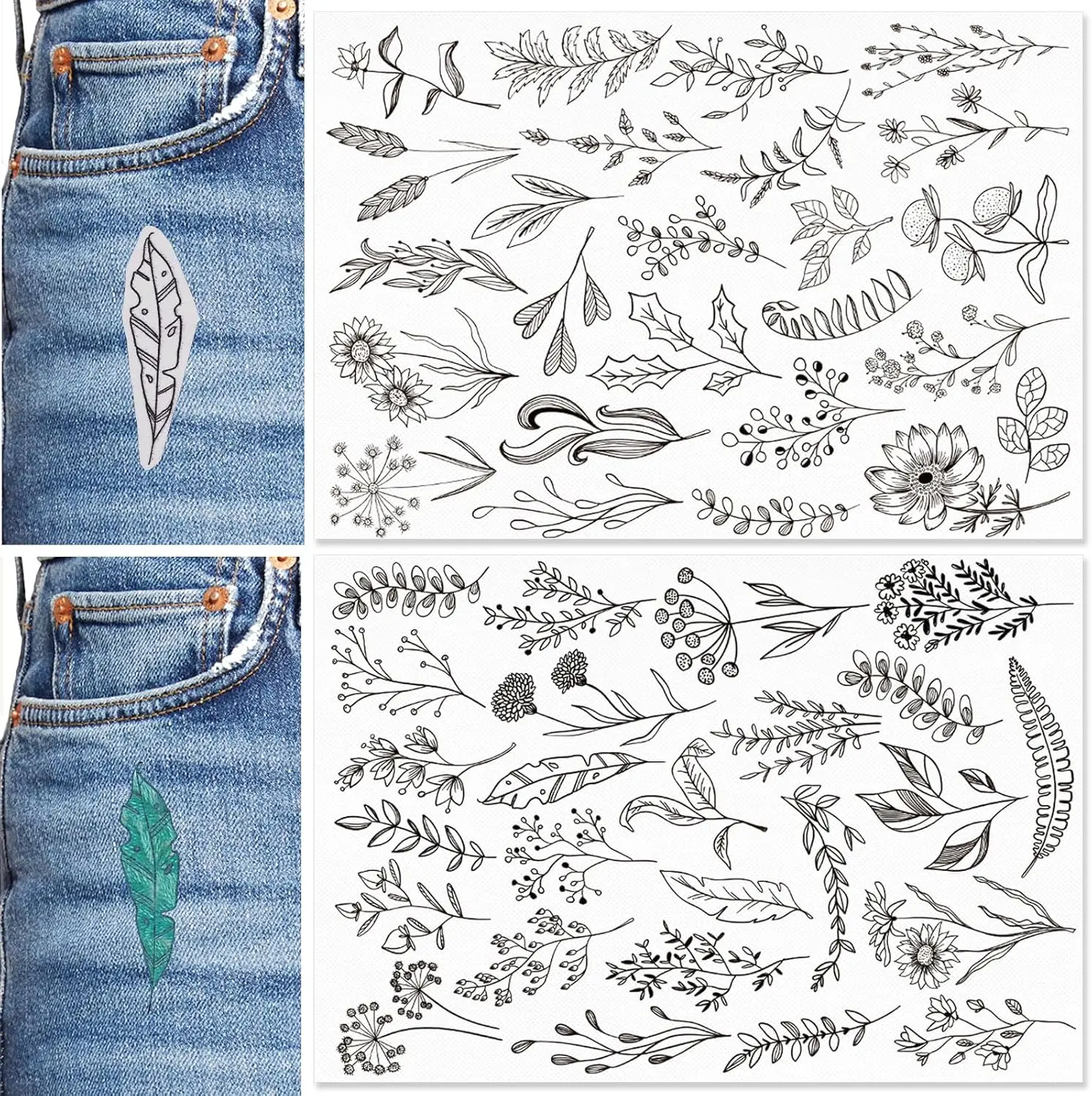 Estabilizadores de bordado solubles en agua, papel de bordado adhesivo y puntada con patrón de flores y hojas preimpresadas, 50 Uds.