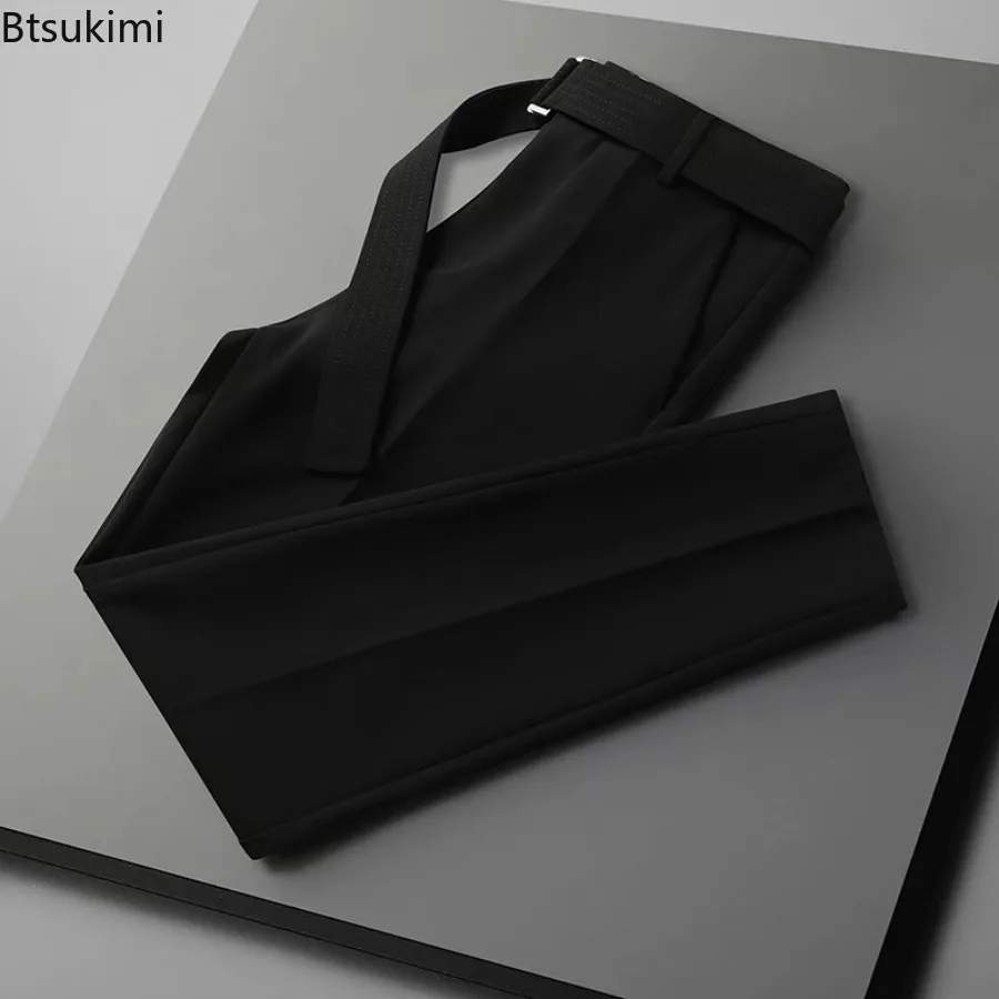 New Men's Summer Thin Slim Suit Pants Koren Style Fashion Business Casual Ice Silk Ankle Length Pants Versatile Male Streetwear