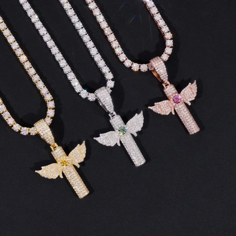 

Hiphop Iced Moissanite Wing Cross Pendant Men 925 Sterling Silver Rock Bling Angel Cross Pendant 16K Gold Finish Pass Tester