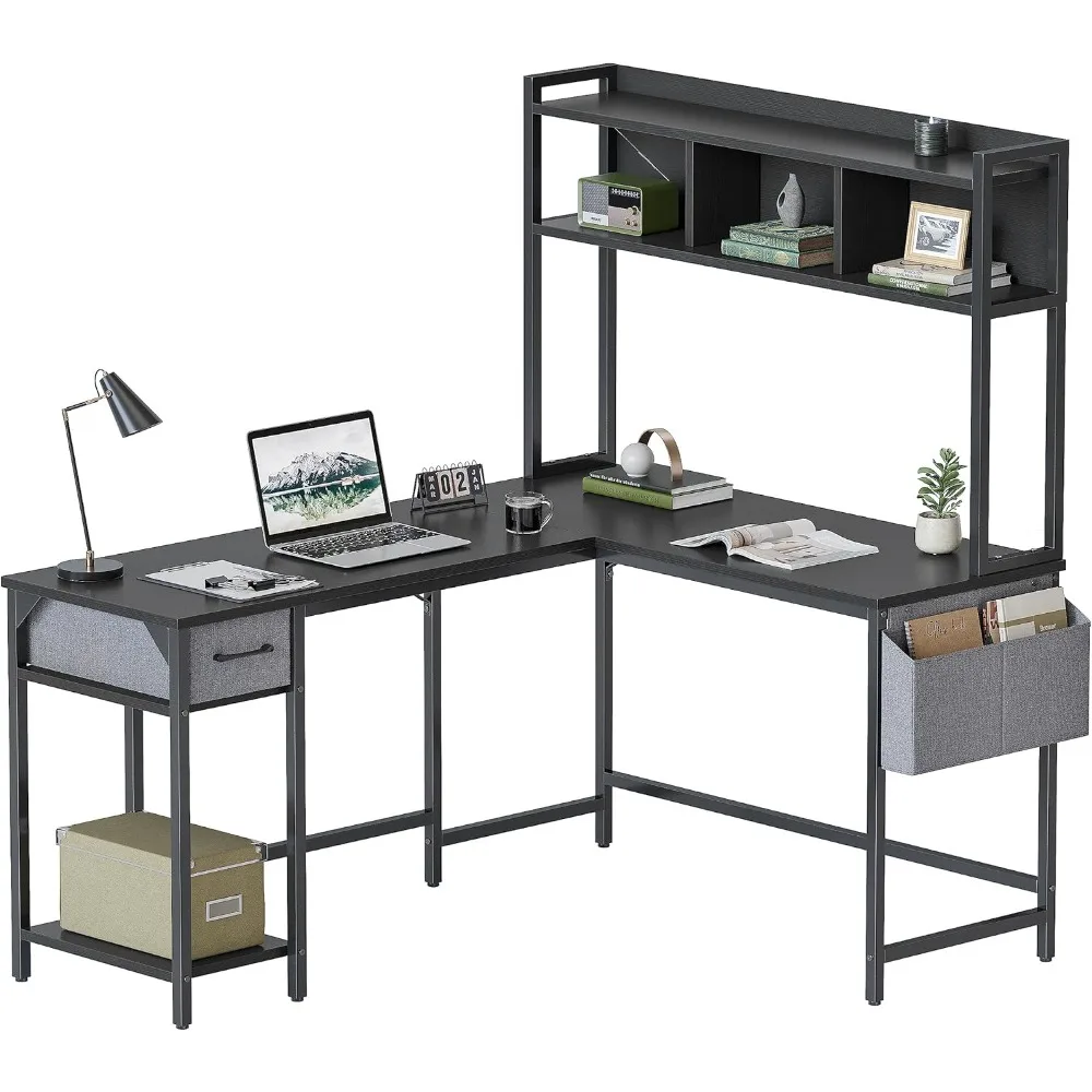 

L Shaped Desk with Hutch, 58" Corner Computer Desk with Drawer,Home Office Gaming Table Workstation with Storage Bookshelf