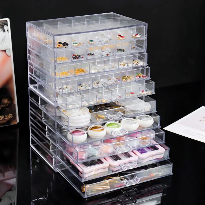 Jewelry Organizer Cosmetic Storage Box Organizer Nail Art Diamond Display Stand Drawer Transparent Acrylic Plastic Box Stackable