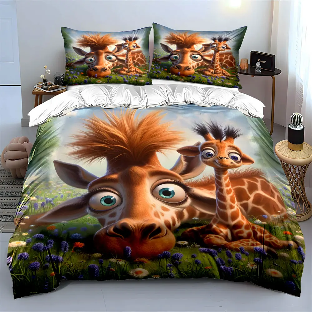 Cute giraffe mom and baby in flowers Printed Duvet Cover Set 1 Duvet Cover+2 Pillowcase Multi Size Bedroom Bedding Decoration