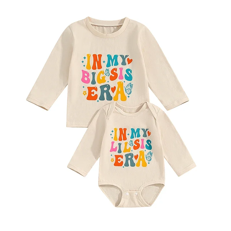 Sister Matching Outfits Letter Print Long Sleeve Round Neck Girl Sweatshirt Baby Romper