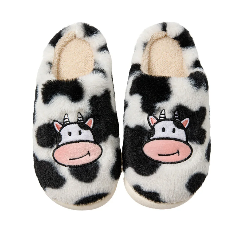 Kidmi Cute Cow Cartoon Cotton Slippers Indoor Non-slip Warm Wool Shoes Couples Winter Thickened Soft Plush Women Cotton Slippers